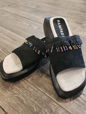 Rampage Suede Black w/Beads Sandal Wooden Heel Style Mohawk Size 7